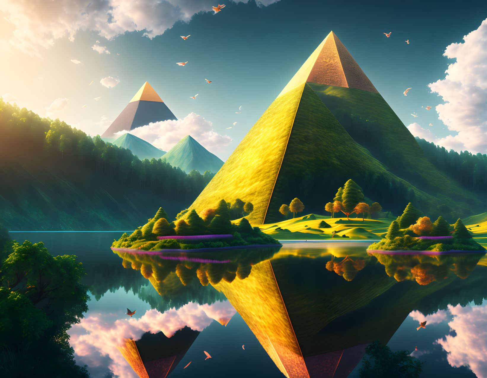 Mirrored Pyramids and Golden Surface in Surreal Landscape