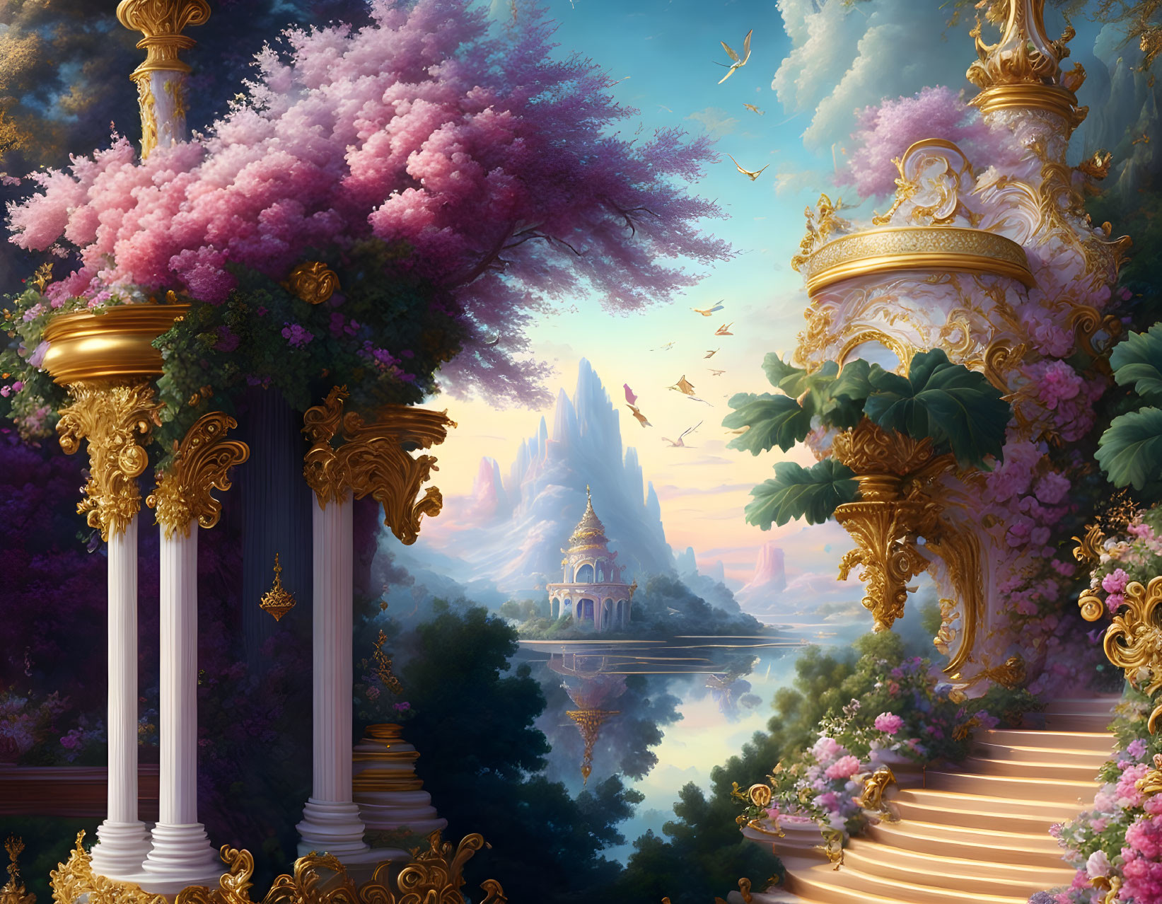 Fantasy landscape with golden columns, pink flowers, lake, palace, birds