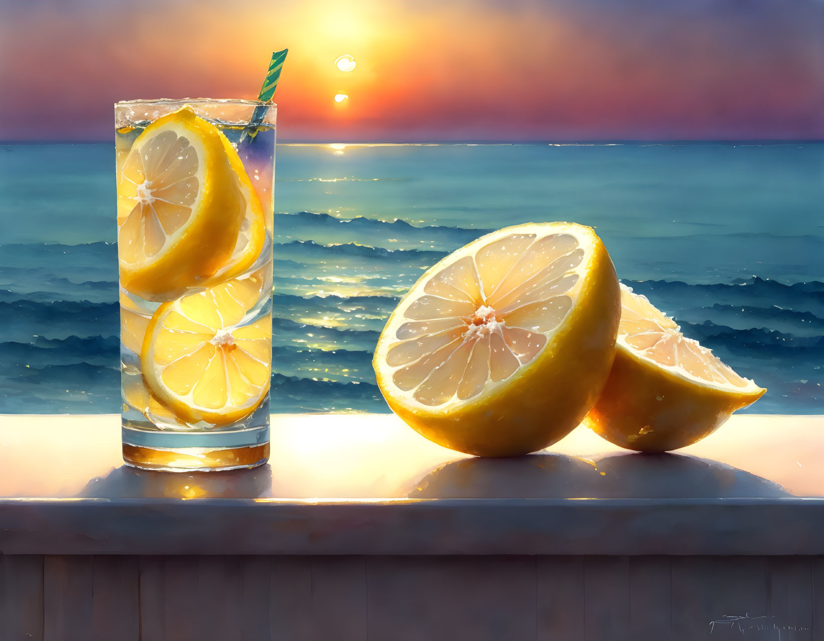 Sliced lemons next to a glass of lemonade by ocean sunset