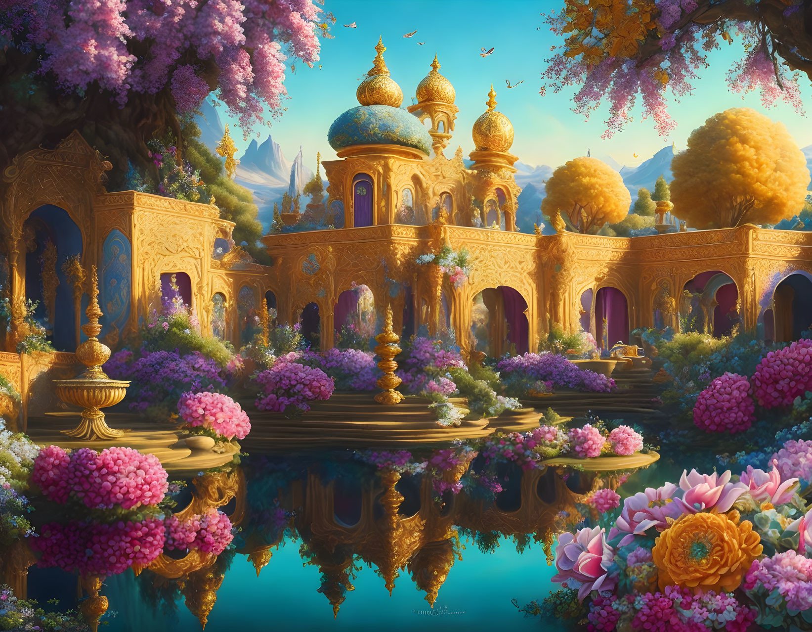 Golden palace with ornate domes in lush gardens and reflecting pools under fairytale sky