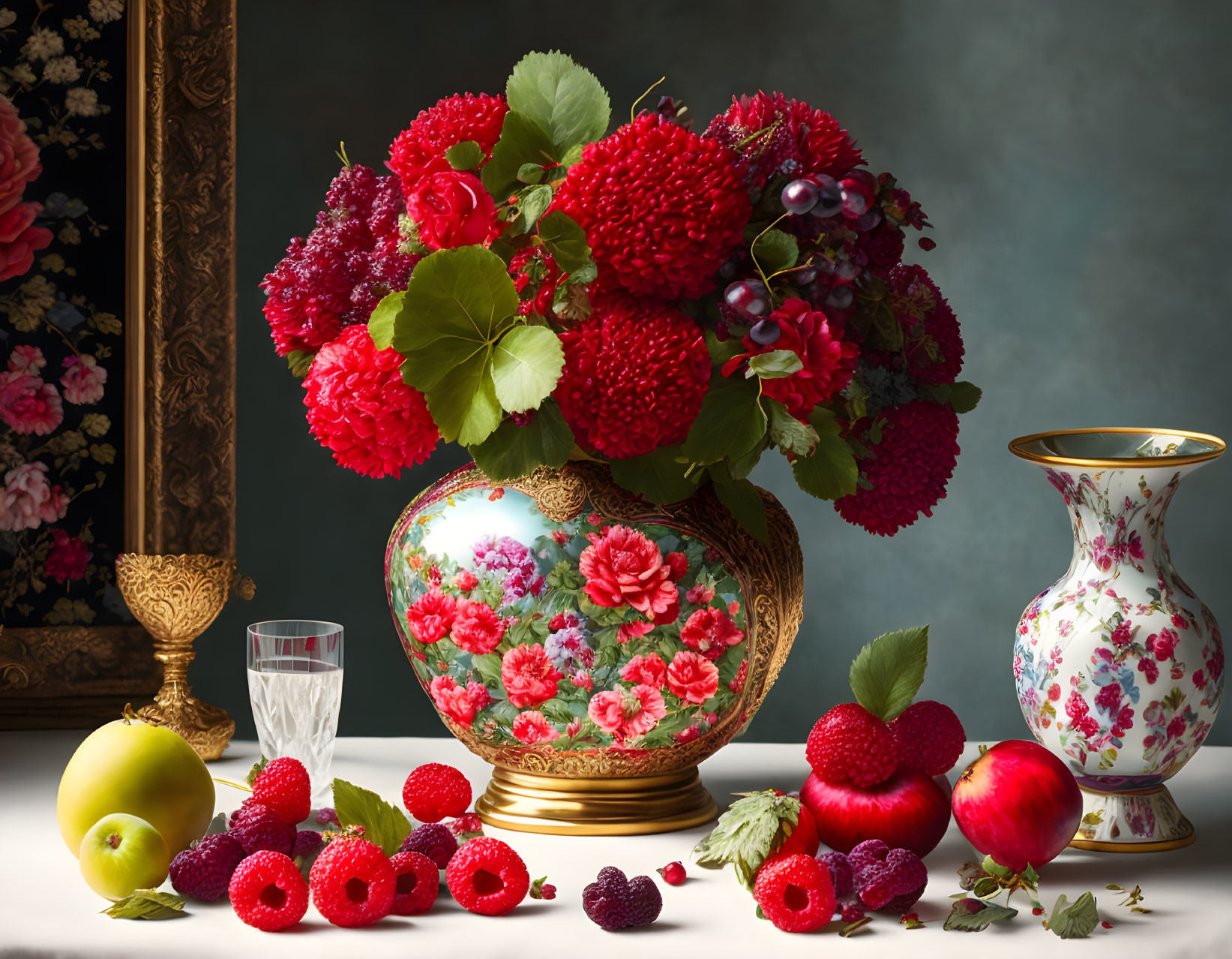 Detailed Still-Life Floral Arrangement with Red Blooms, Berries, Fruits, Artwork,