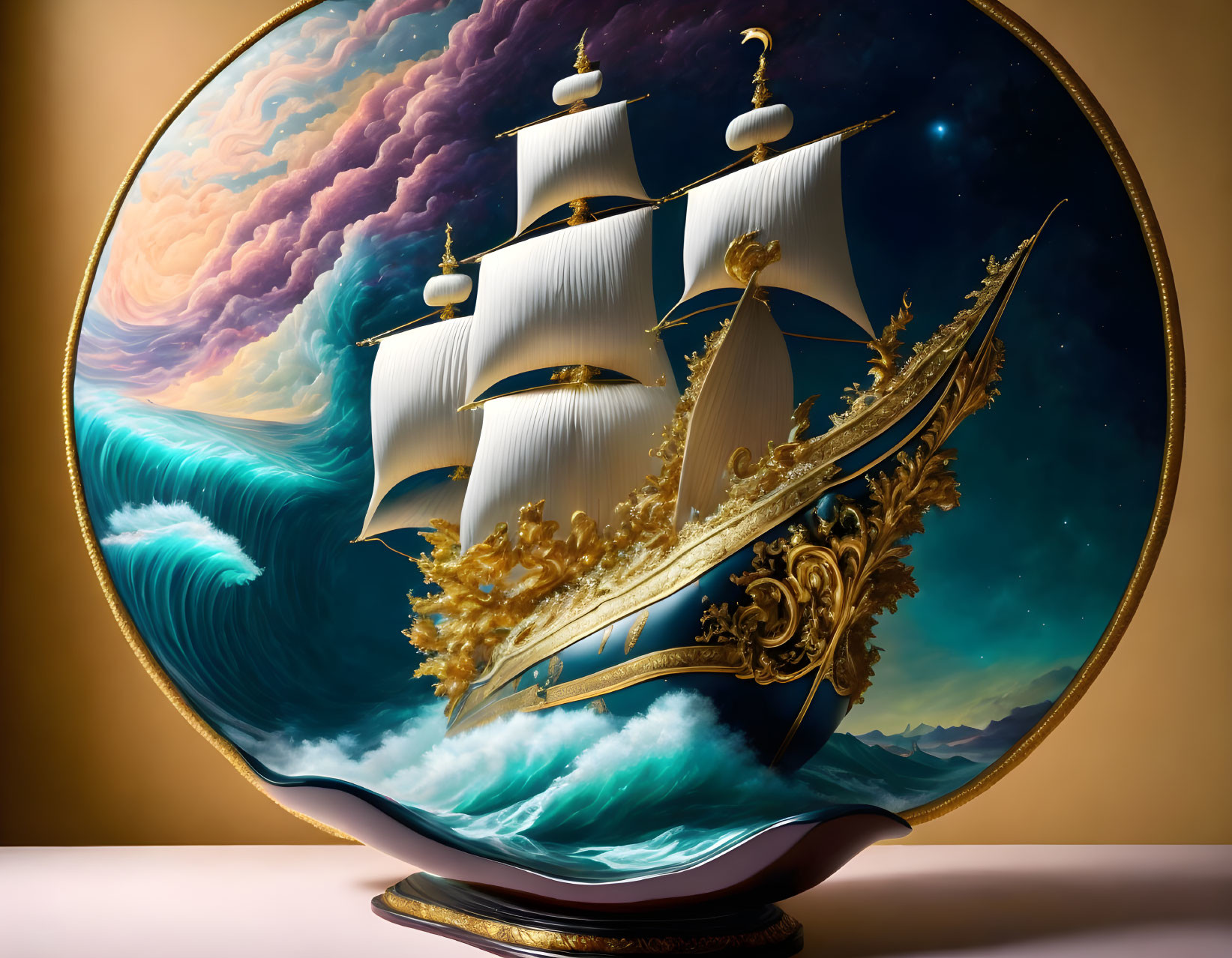 Surreal ship illustration with stormy sea and celestial elements