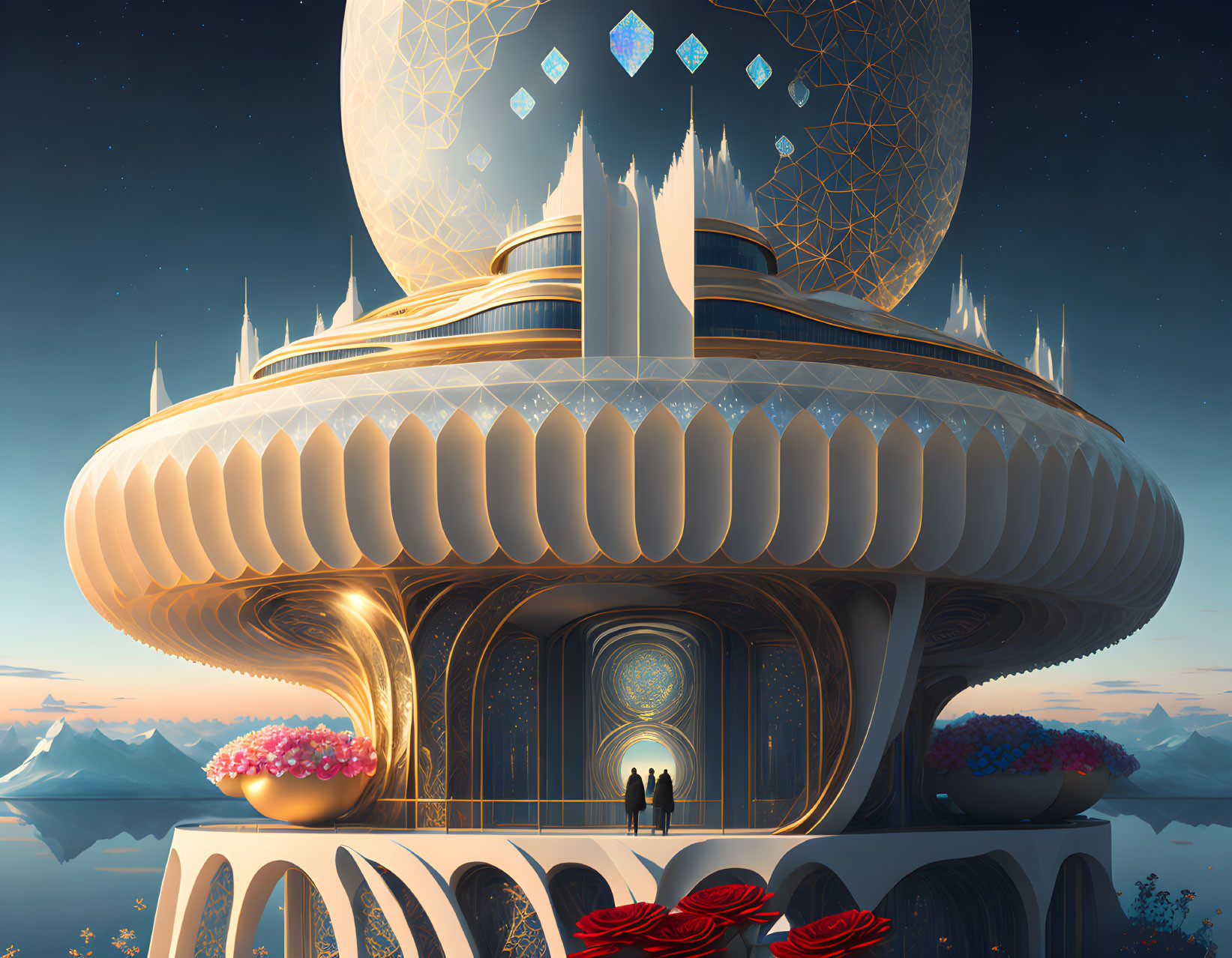 Futuristic building with intricate designs and figures under twilight sky