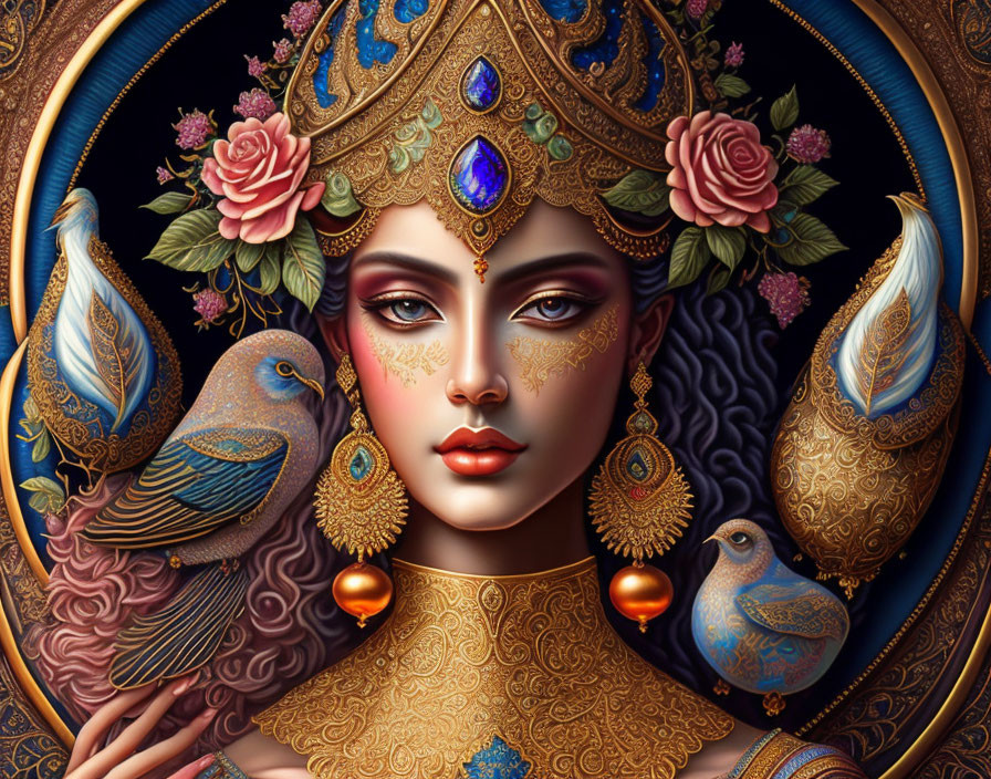 Detailed Illustration of Woman with Golden Headgear and Birds on Decorative Background