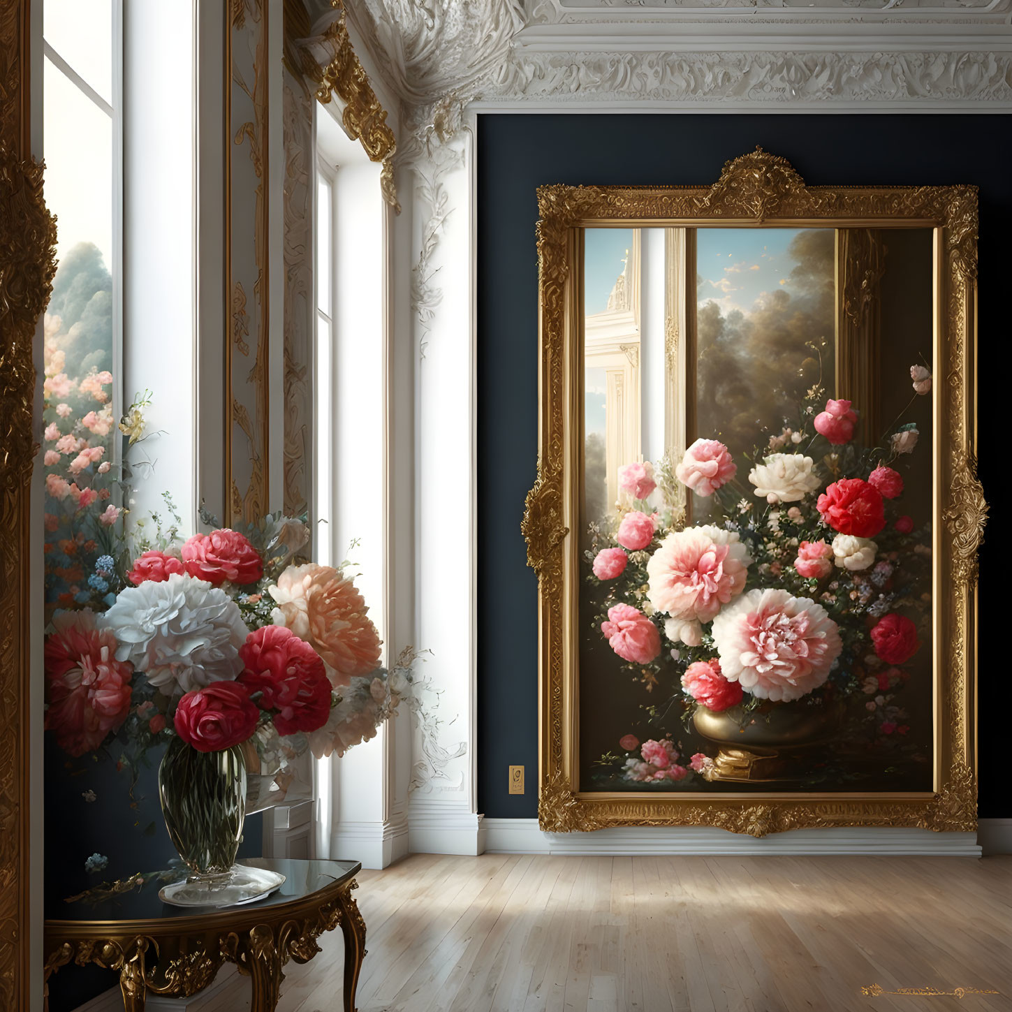 Luxurious room with floral painting, gold-framed mirrors, and ornate architecture.