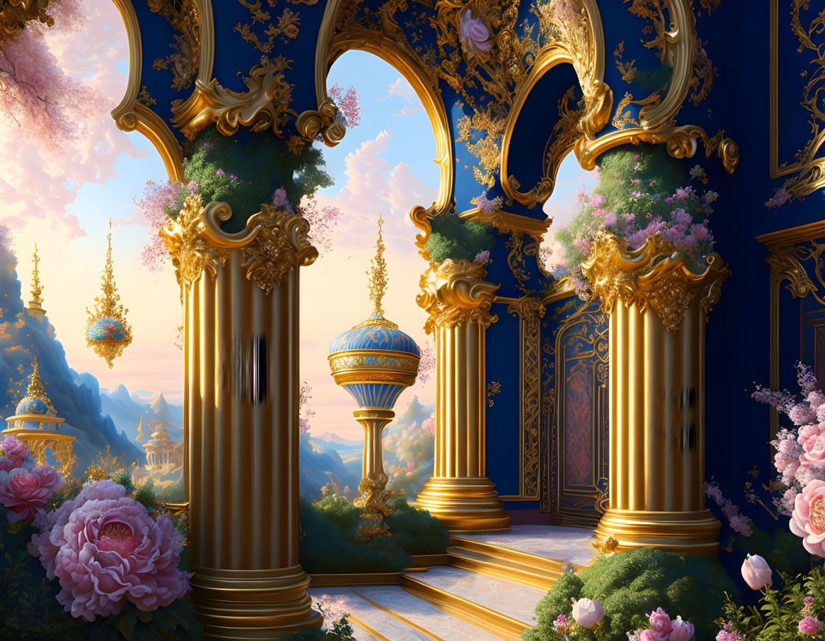 Baroque-style balcony with golden columns and fantastical landscape.