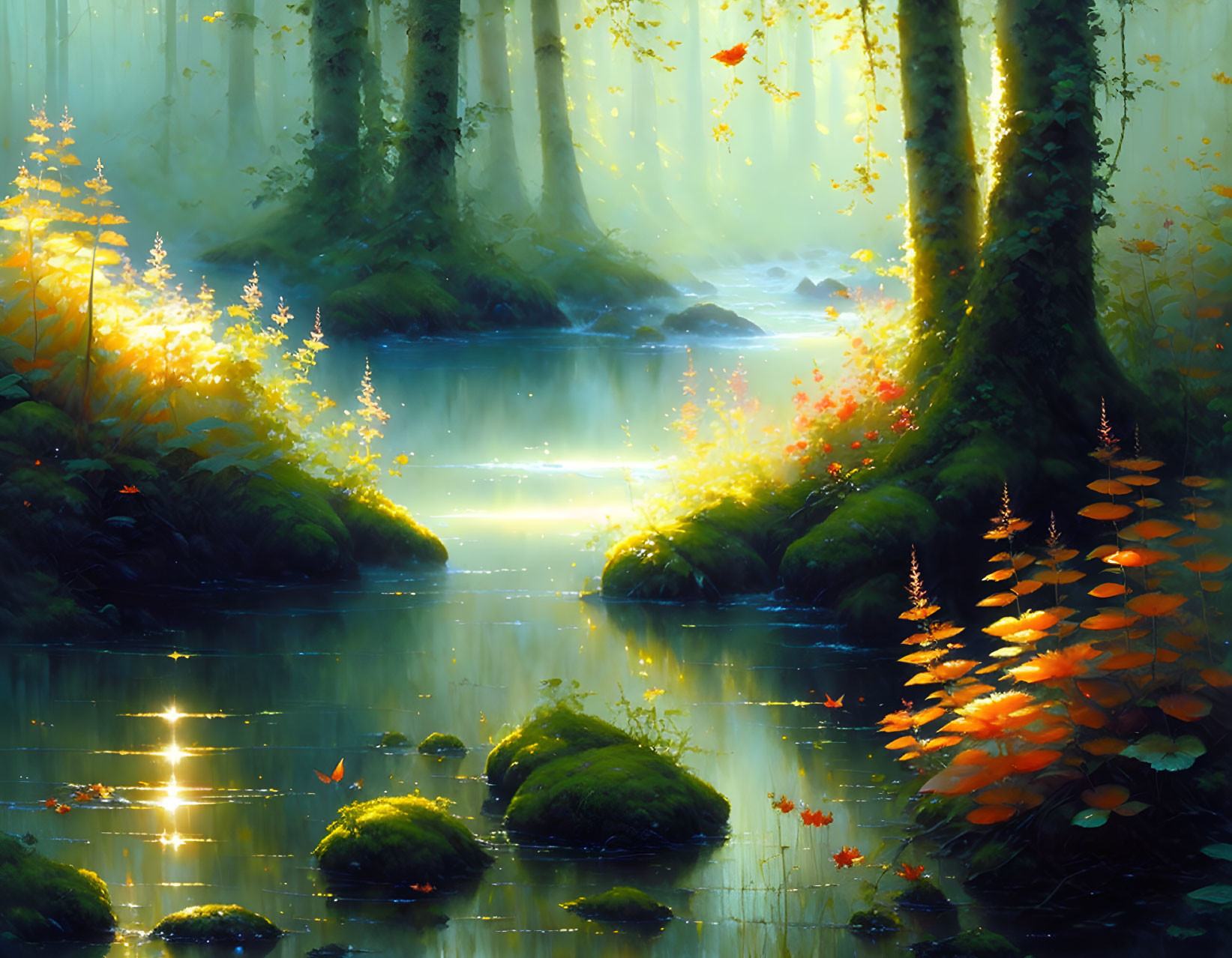 Tranquil forest stream with sunbeams and autumn foliage