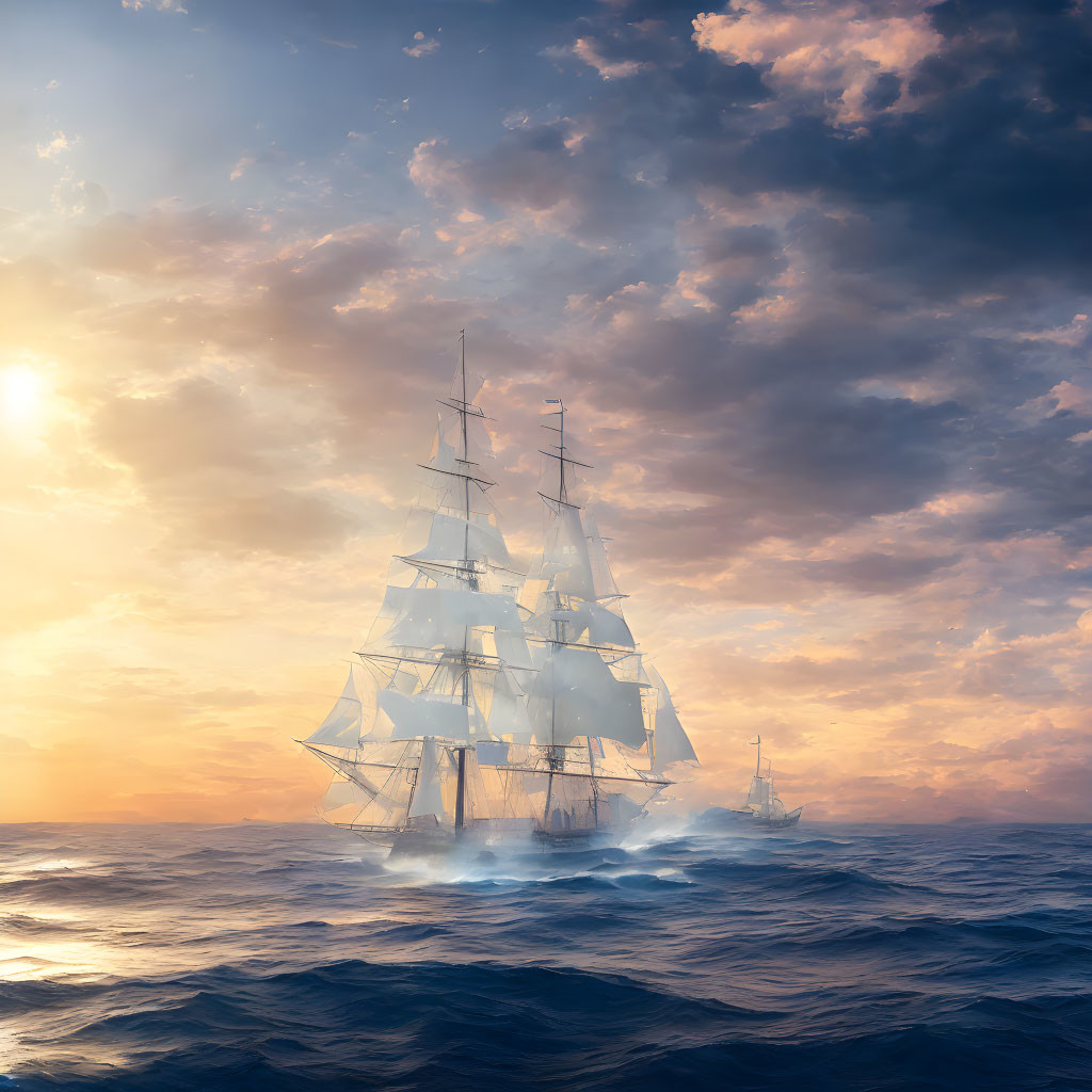 Tall ship sailing on turbulent ocean under dramatic sunset sky