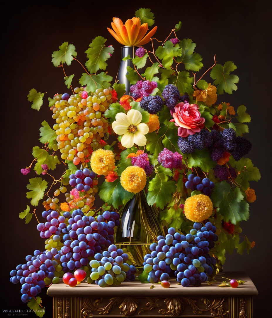 Classic Still Life with Wine Bottle, Grapes, Flowers, and Leaves on Dark Background