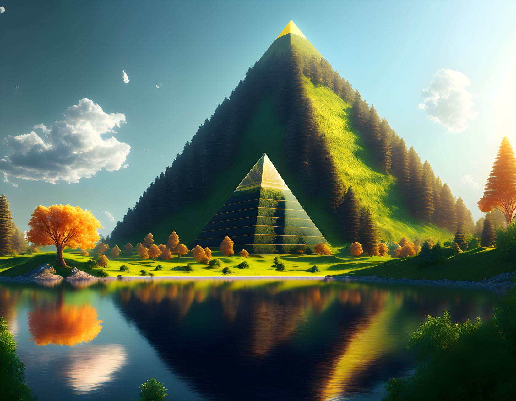 Surreal landscape with pyramid-shaped mountain, autumn trees, lake, sunny sky