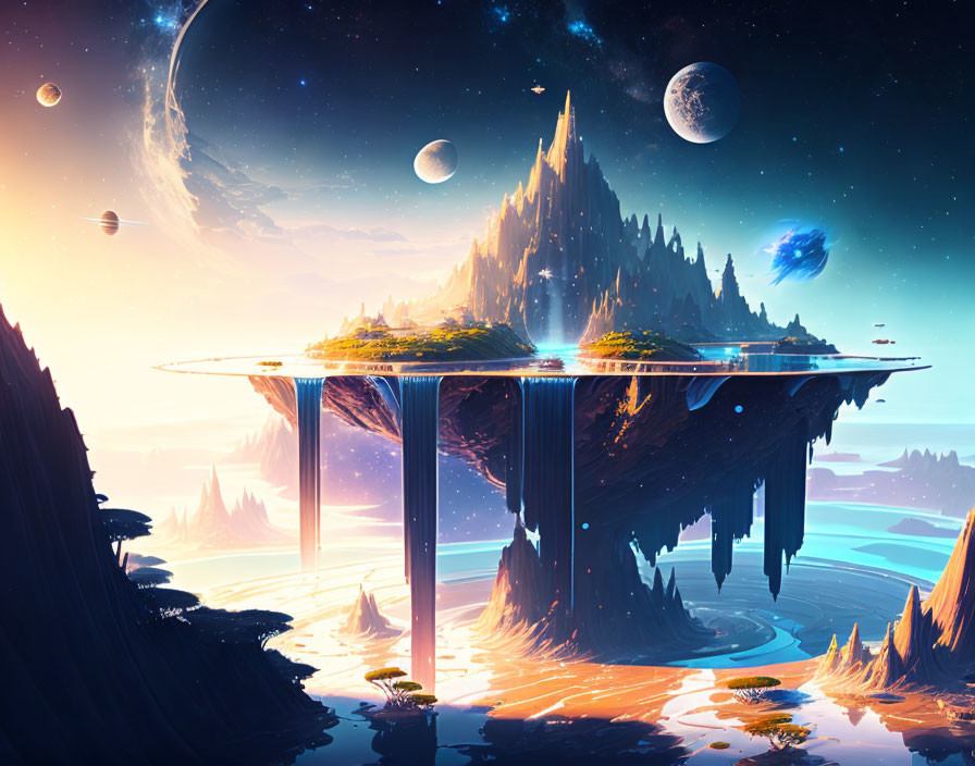 Futuristic landscape with floating islands and waterfalls