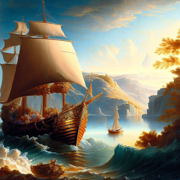 Sailing ship with billowing sails near rocky coastline