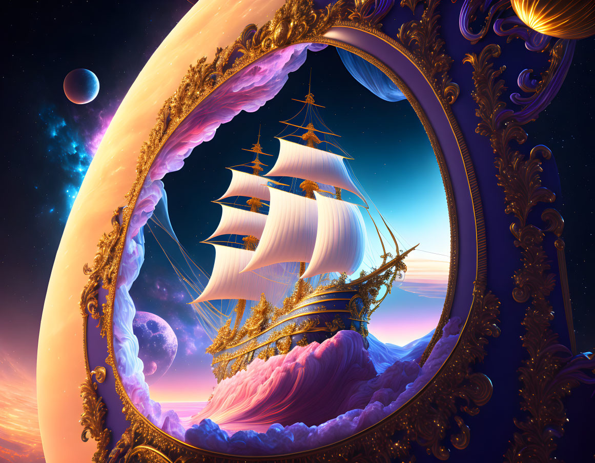 Surreal ship sailing on foamy waves in golden frame with cosmic backdrop