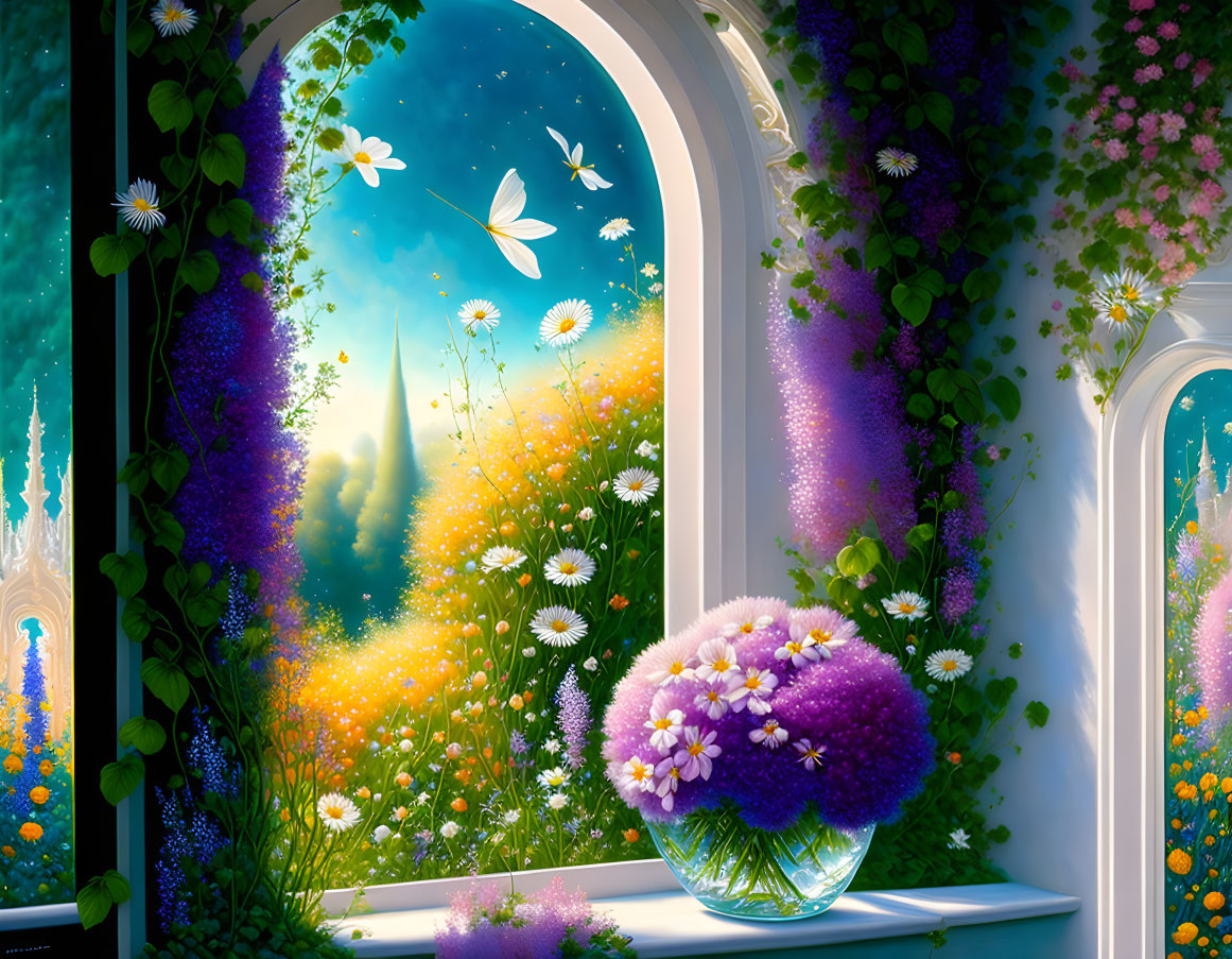 Enchanting garden view with arched window, purple flowers, daisies, and butterflies