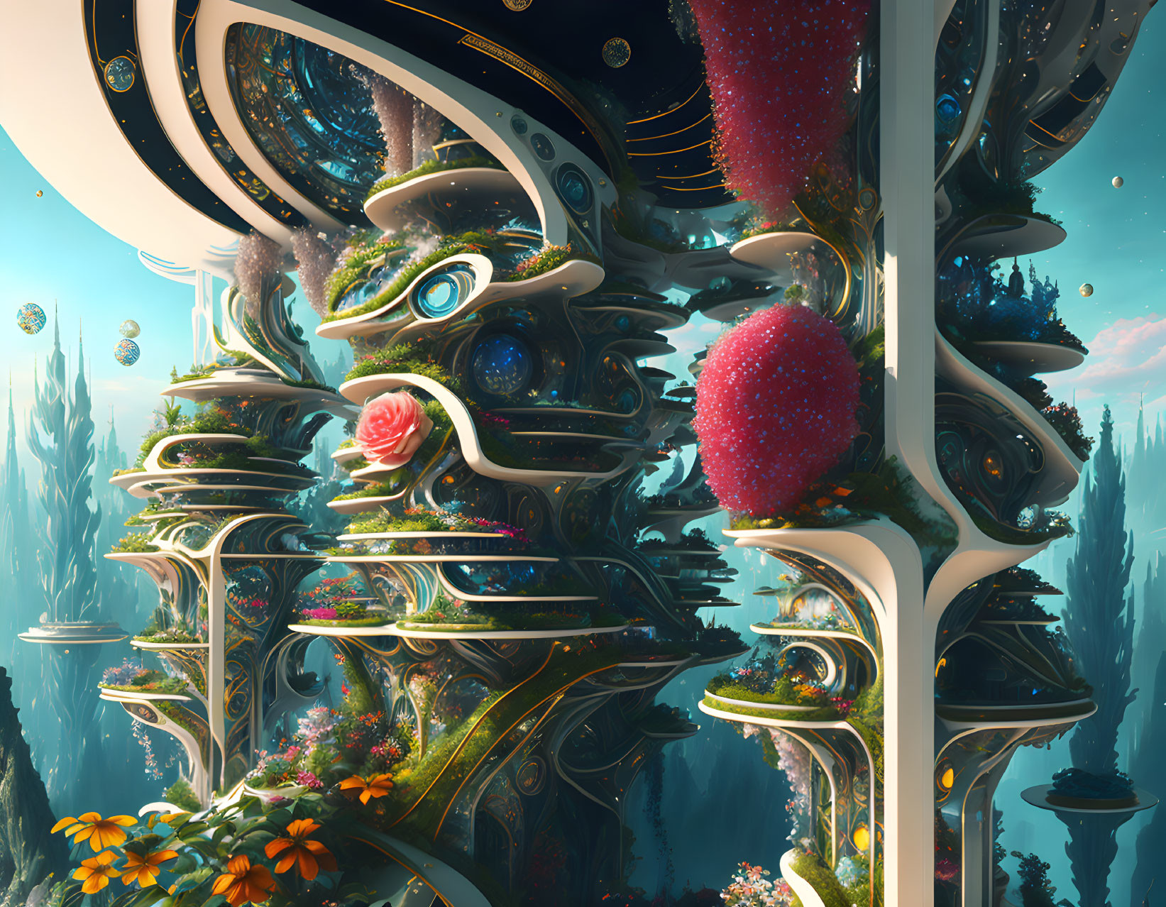 Surreal futuristic landscape with vibrant flora and intricate designs