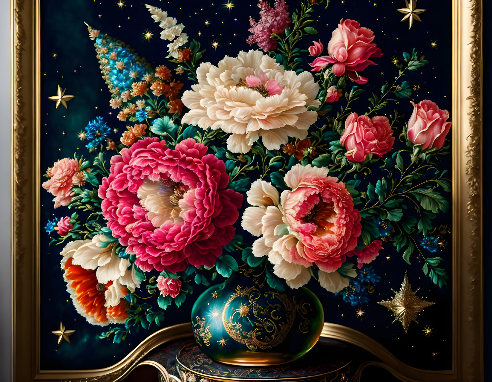 Colorful floral bouquet against cosmic backdrop in decorative frame