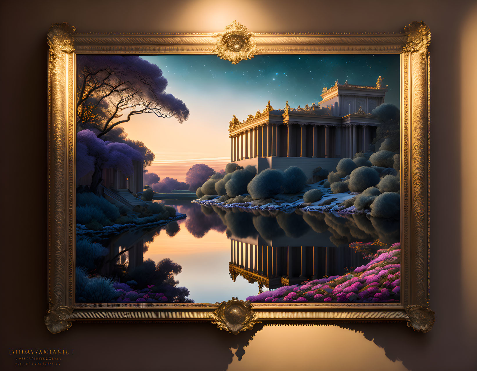 Surreal artwork of classical building, purple trees, and starlit sky in golden frame