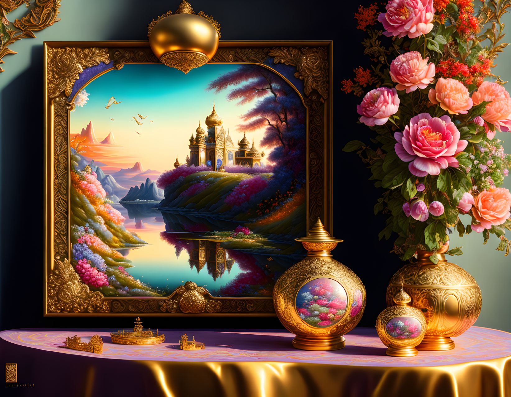 Fantasy landscape painting with ornate frame, golden trinkets, and colorful flowers