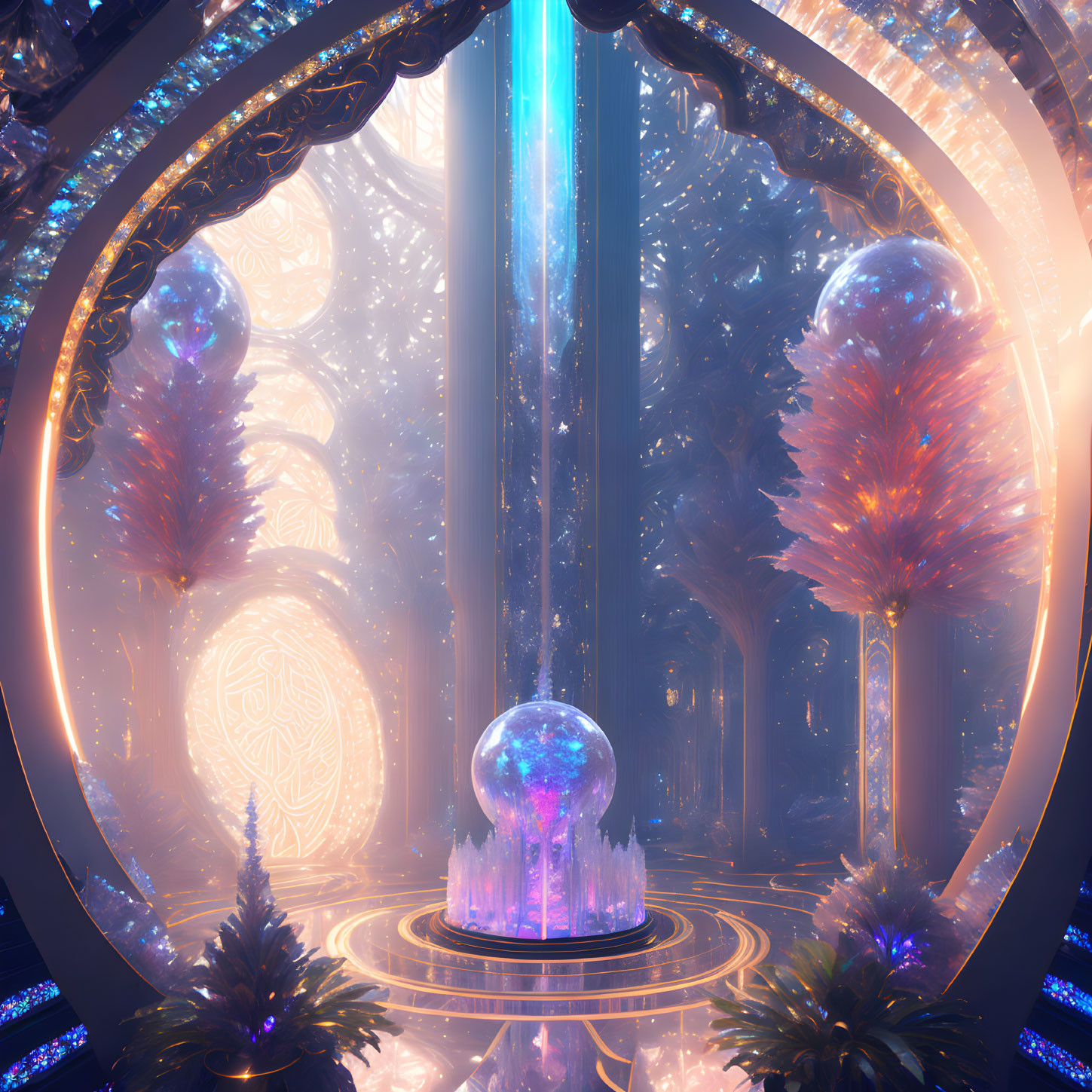 Ethereal interior with glowing trees, arches, fountain, and circular patterned floor