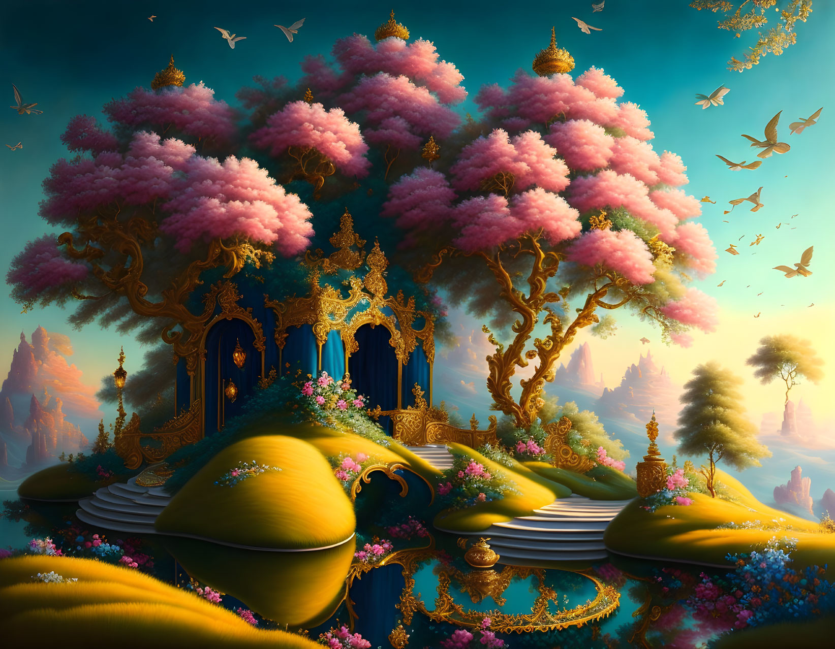 Fantastical Landscape with Pink Trees and Golden Structures