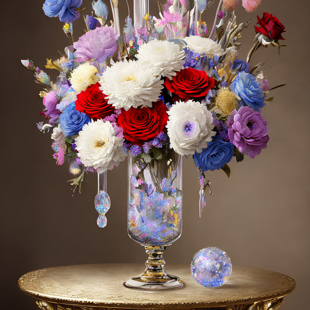 Colorful Flower Bouquet in Glass Vase on Golden Table with Glass Orb