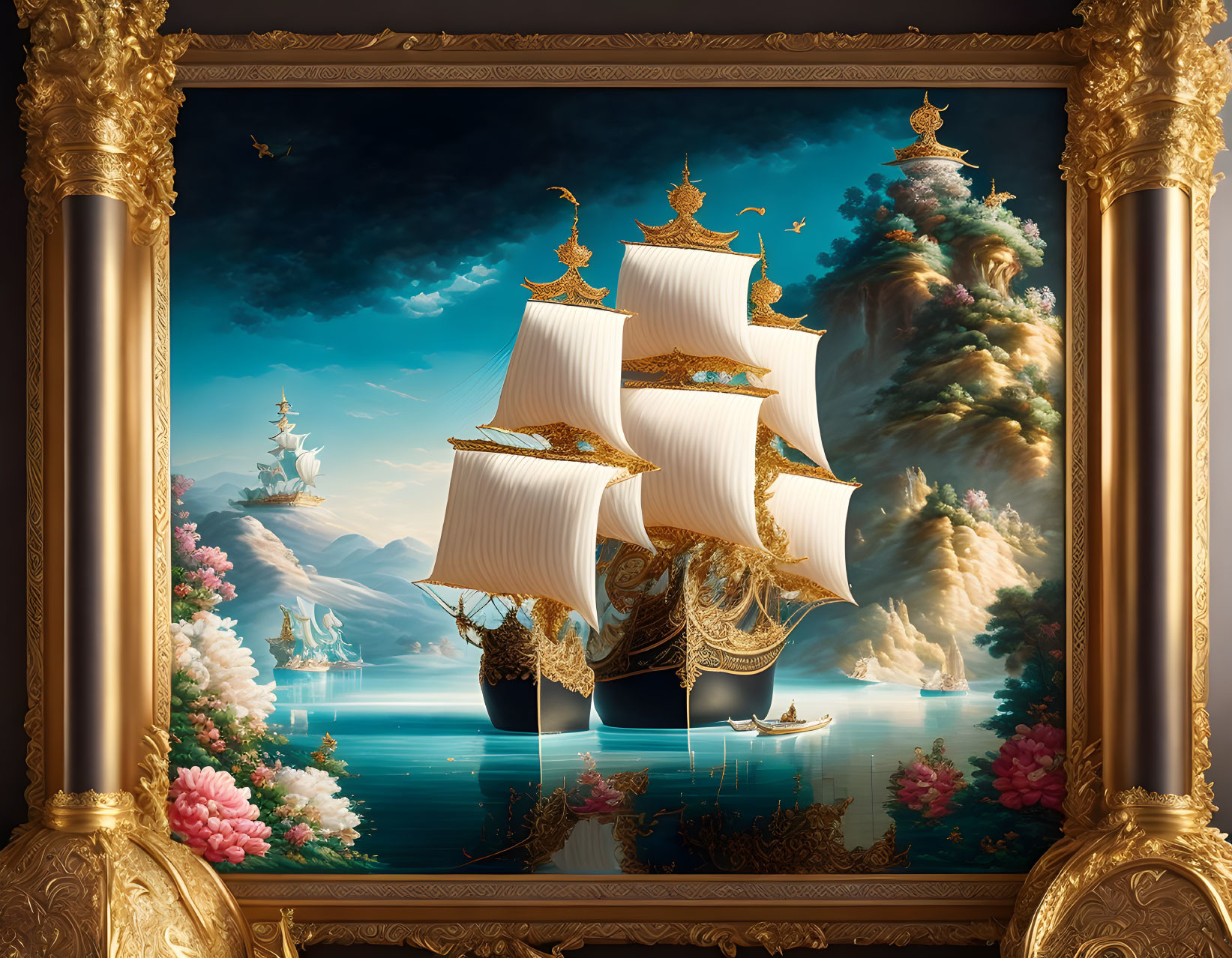 Golden ship sailing at night in ornate frame