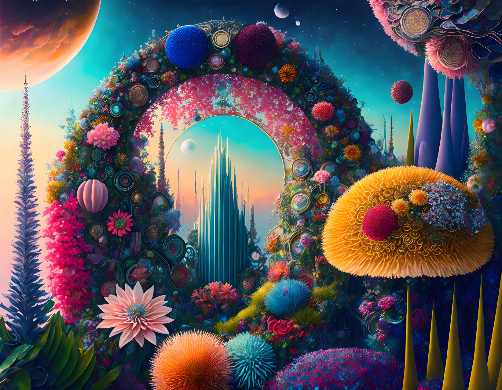 Colorful psychedelic landscape with floral archway and celestial bodies