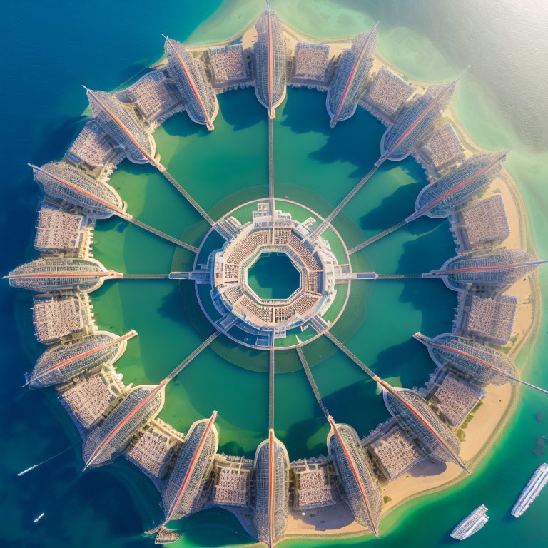 Symmetrical Palm-Shaped Artificial Island with Residential Buildings and Blue Waters