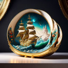 Golden ship on turquoise waves: ornate 3D decorative plate