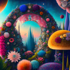 Colorful psychedelic landscape with floral archway and celestial bodies