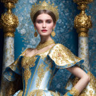 Regal woman in gold-and-blue gown with crown and jewelry on floral background