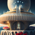 Futuristic building with intricate designs and figures under twilight sky