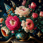 Colorful floral bouquet against cosmic backdrop in decorative frame