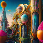 Colorful surreal landscape with whimsical structures and floating orbs.