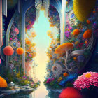 Colorful Fantasy Landscape with Floral and Metallic Shapes