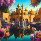 Golden palace with ornate domes in lush gardens and reflecting pools under fairytale sky