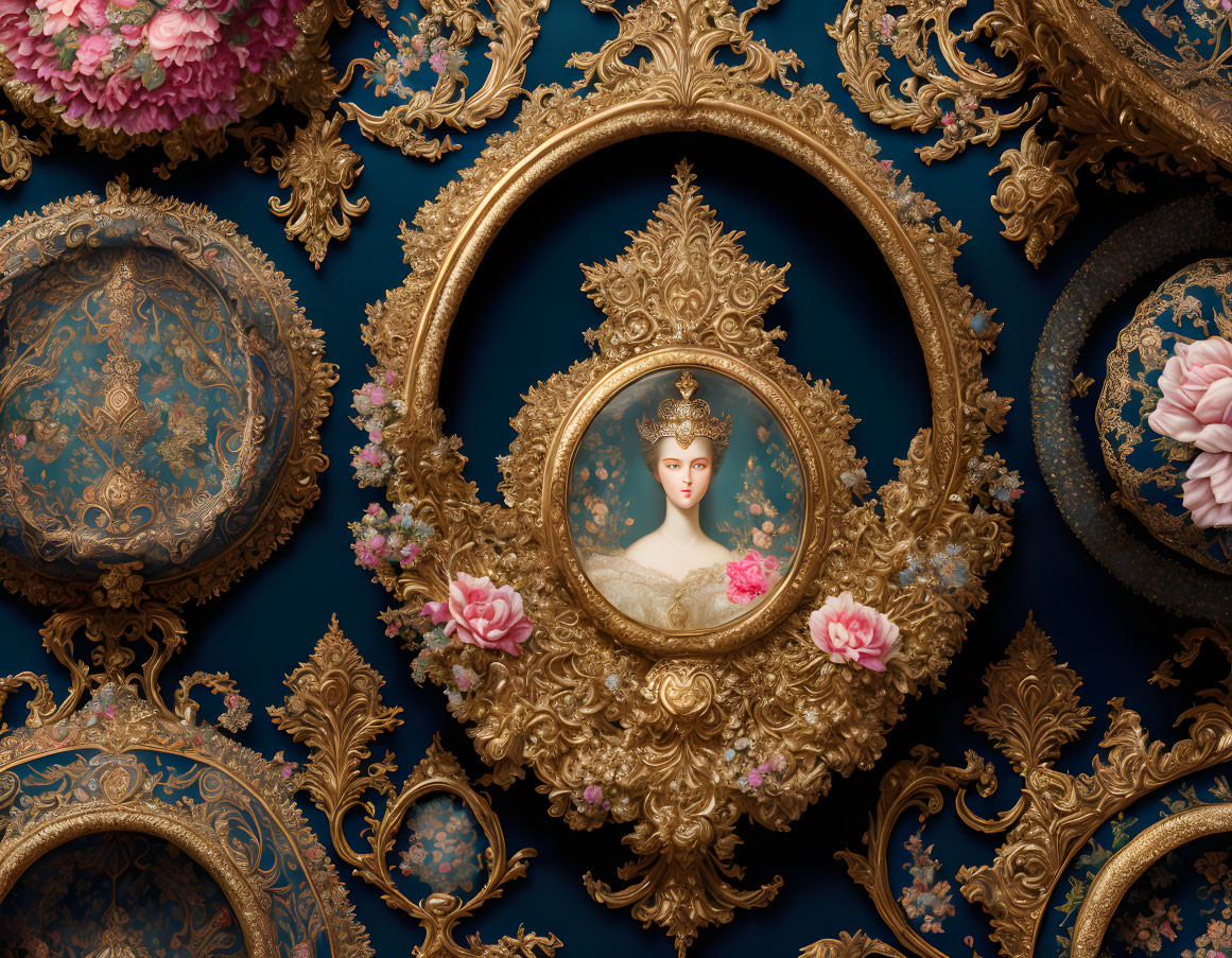 Golden Frame Surrounds Classic Portrait Among Pink Flowers on Dark Blue Background