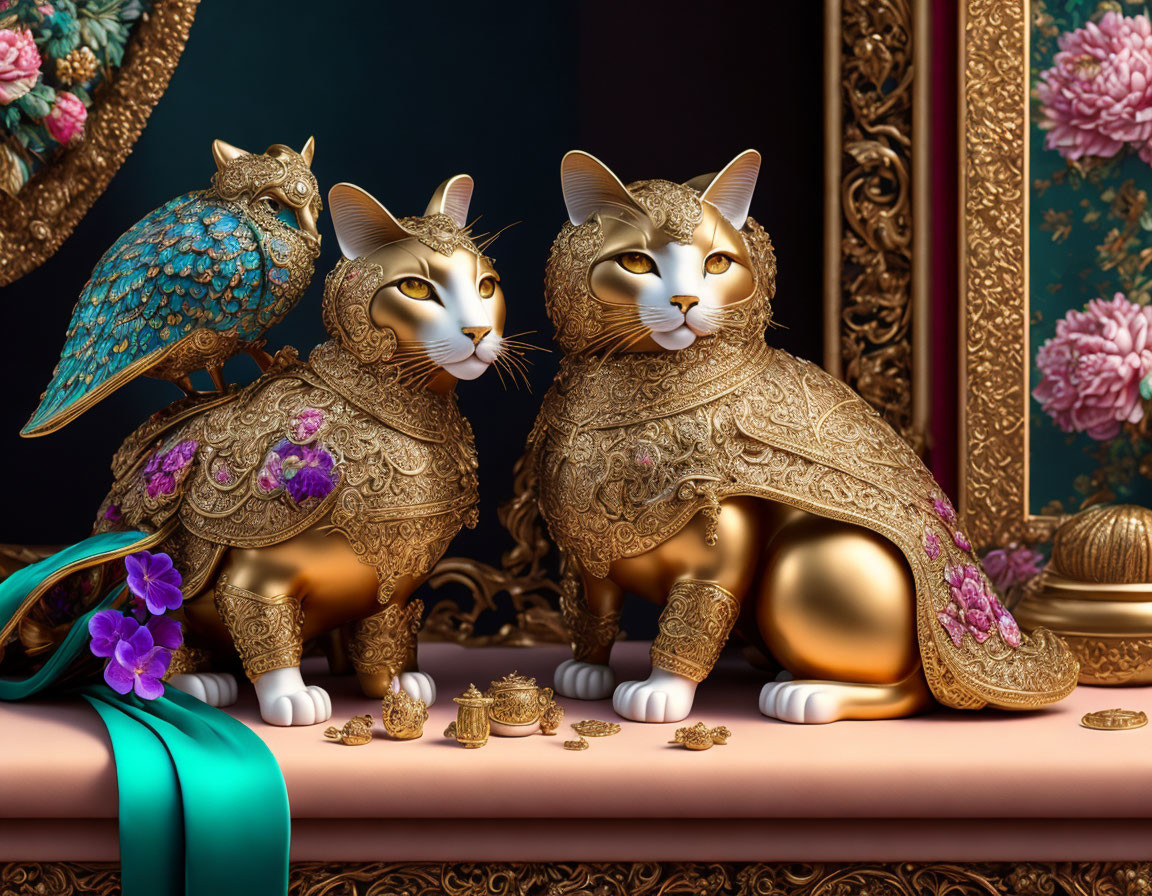 Ornate golden cat statues with jewels and intricate patterns on plush surface.