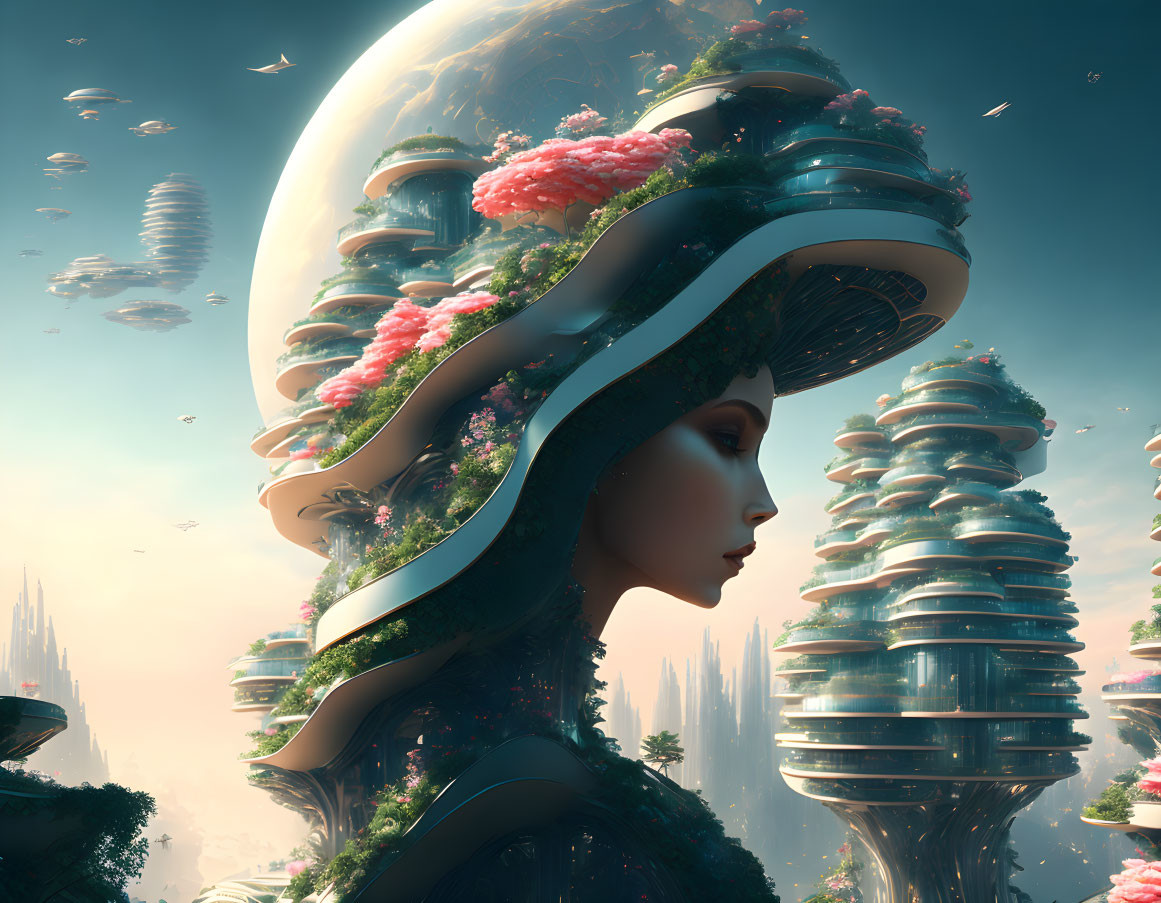 Futuristic woman with intricate ecosystem headdress in urban landscape