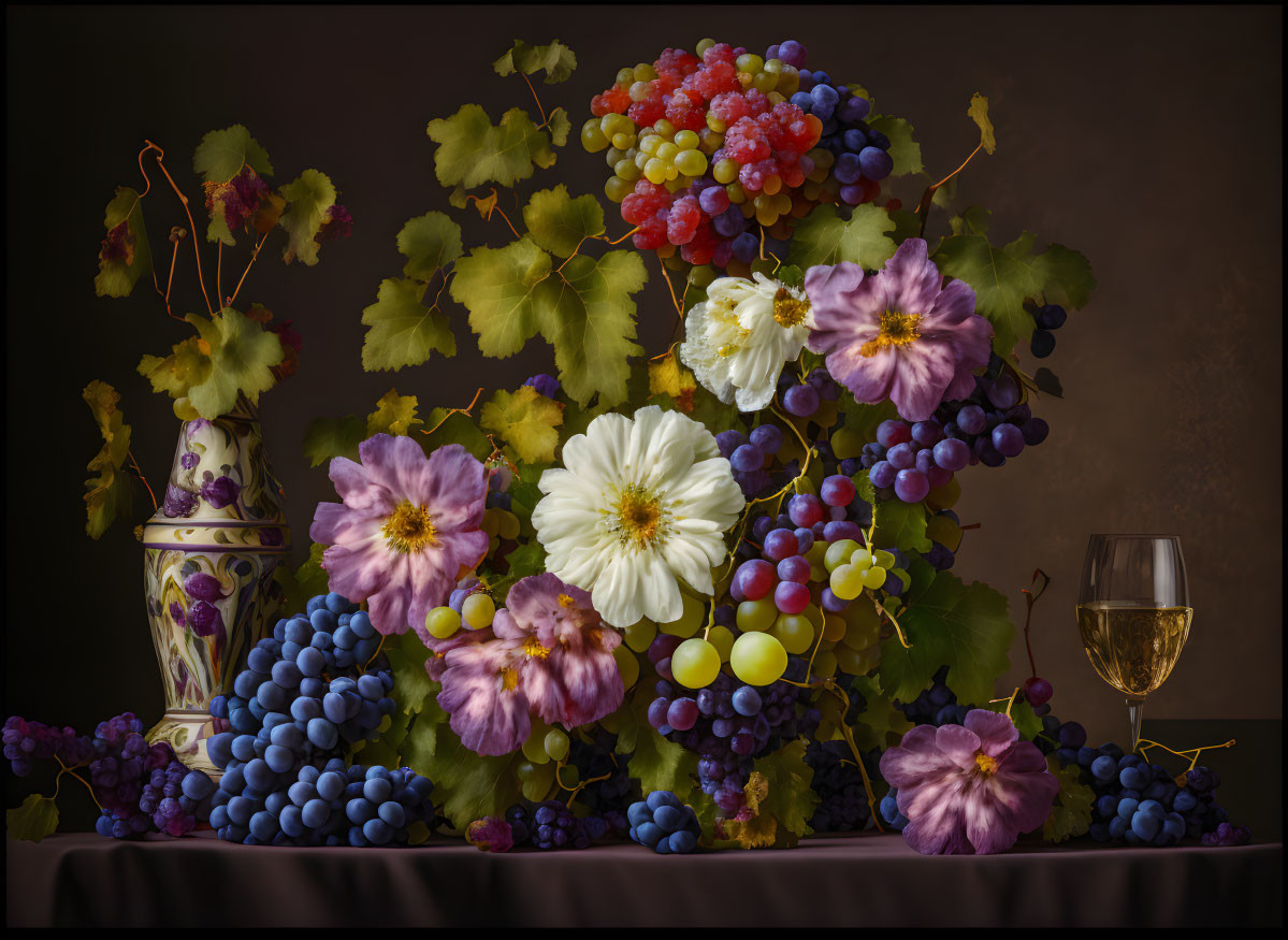 Clustered grapes, blooming flowers, vase, and wine glass on dark background