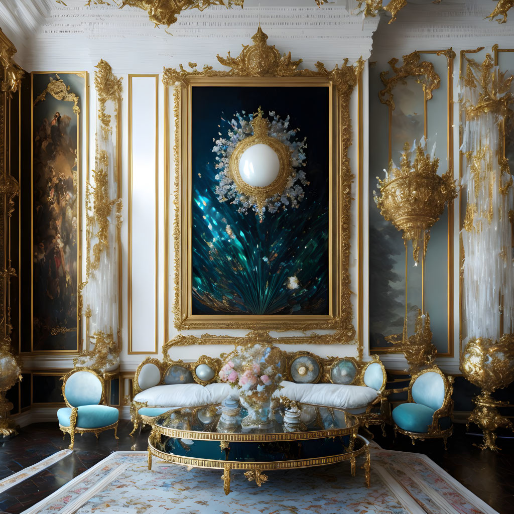 Luxurious Room with Peacock Painting, Gold Trim, and White Sofas