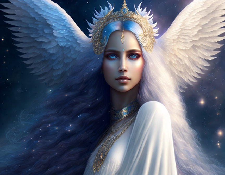Ethereal being with white wings, blue hair, and golden adornments on starry night sky