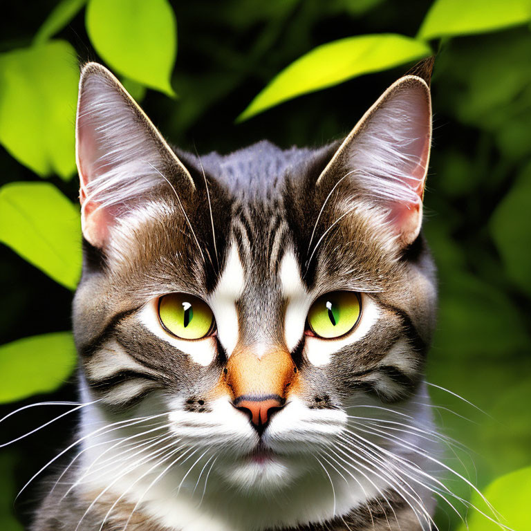 Gray Tabby Cat with Green Eyes and Unique Markings on Green Leafy Background