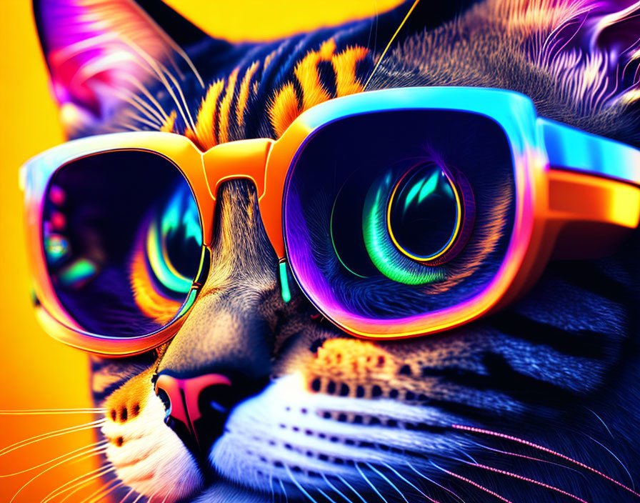 Colorful Cat with Rainbow Sunglasses and Psychedelic Reflections