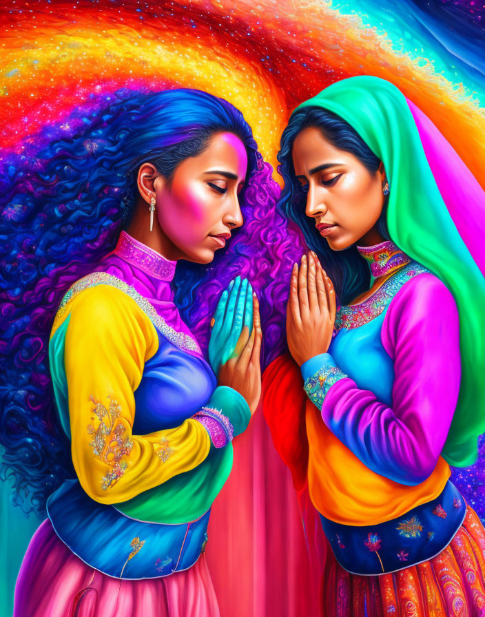 Two women in traditional attire with hands pressed together against cosmic backdrop