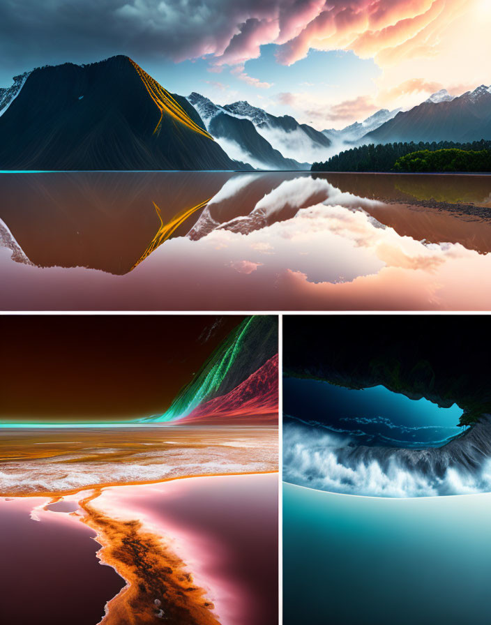 Four Landscapes Collage: Mountains, Cloudy Sky, Colorful Shoreline, Waterfall