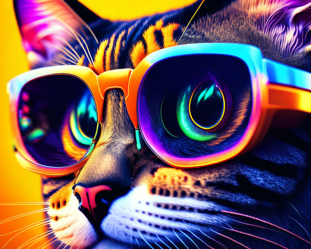 Colorful Cat with Rainbow Sunglasses and Psychedelic Reflections