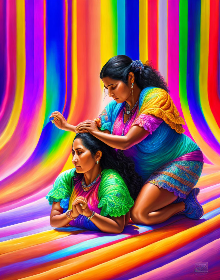 Two women in colorful traditional outfits against rainbow background, one braiding hair