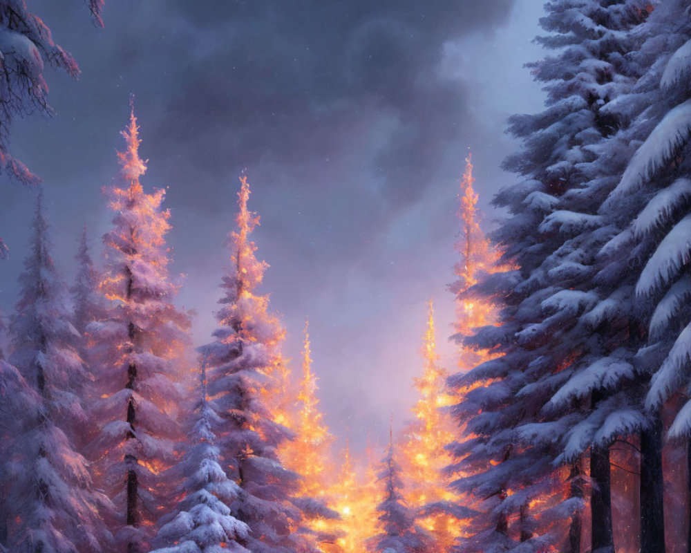 Winter Scene: Snow-covered Pine Trees in Warm Light