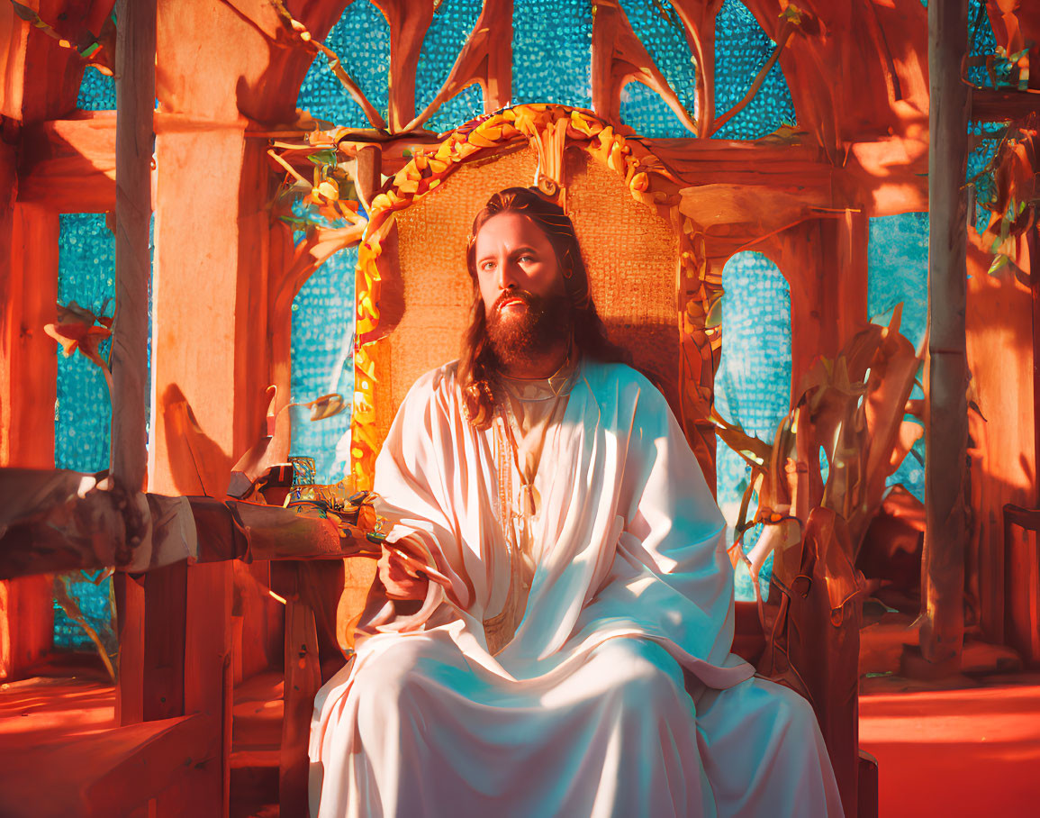 Bearded man in white robe on throne with blue tiles and yellow flowers